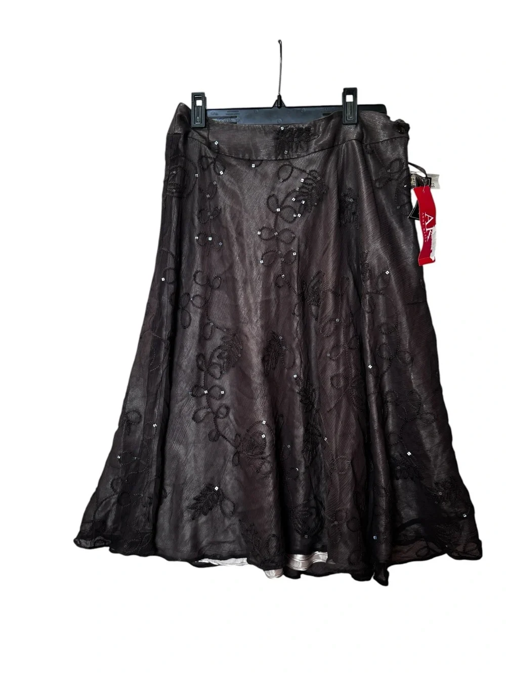 Anne Klein NEW Y2K 100% Silk Sheer Embroidered Sequin Midi Skirt Brown 4 Boho - Picture 3 of 16